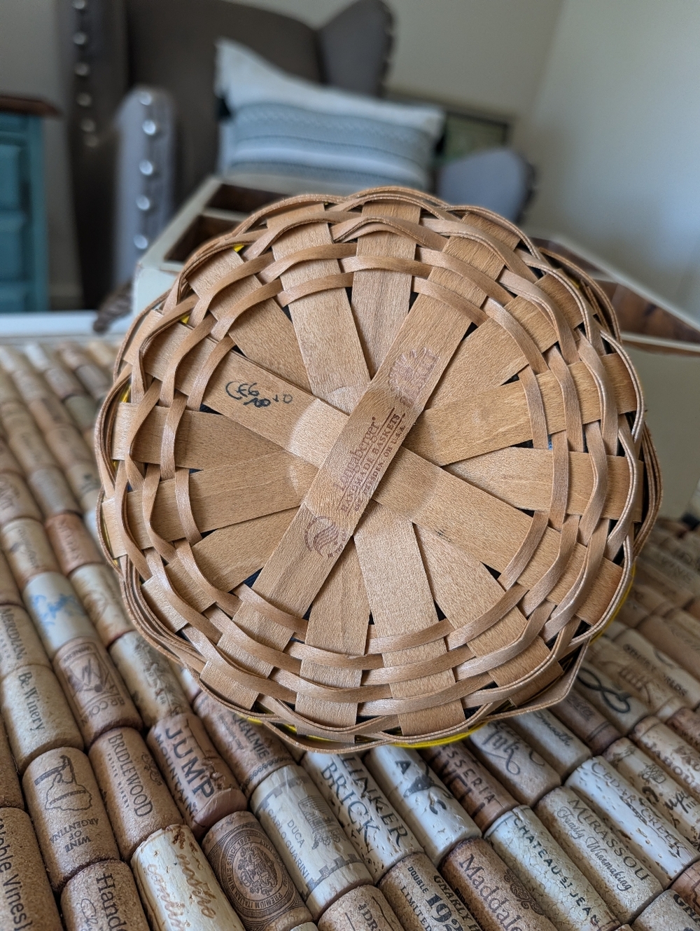 Longaberger 2010 Specialty Button Basket W/ Metal Bear Pins. Blue & Yellow Slats - Picture 3 of 5
